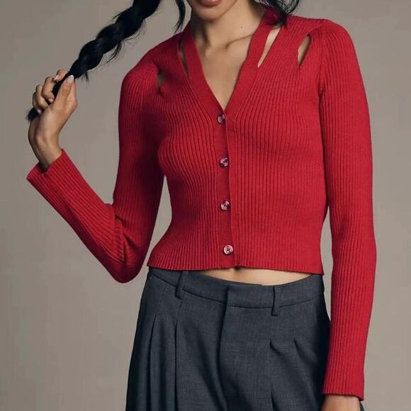Anthropologie Sweaters - Red ribbed cardigan with cut out
